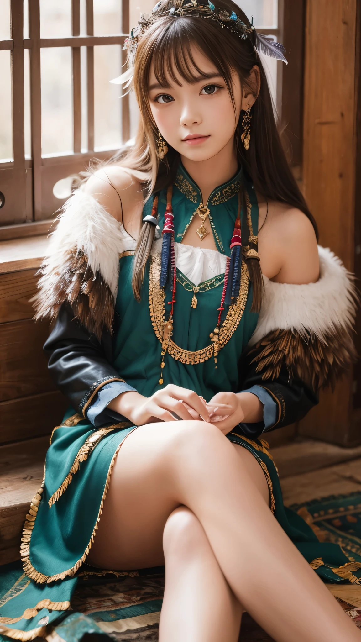 One girl, masterpiece, Highest quality, Realistic, feather_Dulikui, Sitting