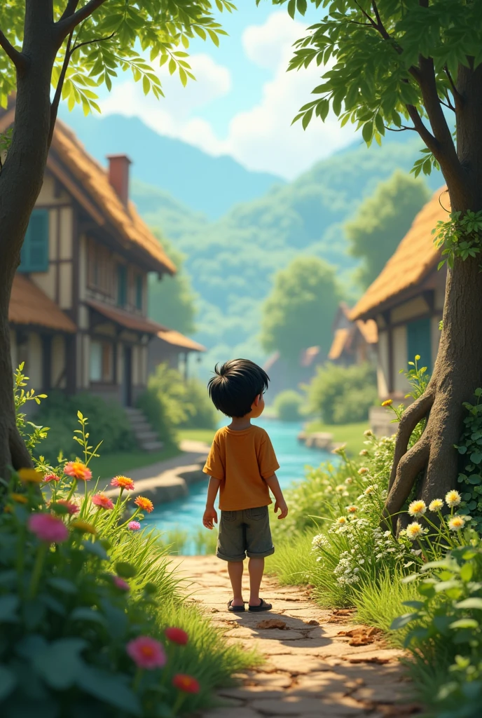 A quaint village nestled in a lush landscape, with a hint of magic in the air. A young boy, Ayush, is depicted with a curious and adventurous expression