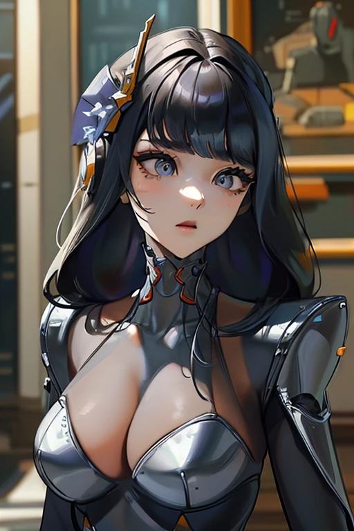 (masterpiece),(Highest quality),(Super detailed),(Best illustrations),(Best Shadow),(Absurd),(Detailed Background),(so beautiful), 16K, 8K, 4K,(Best Shadow),empty eyes,robotization,woman ,big bust,Robot Joint ,Metal skin,Black Suit,long hair,a black suit that covers the whole body,robot raiden shogun ,cyber suit,chrome body,mecha skin,metal skin