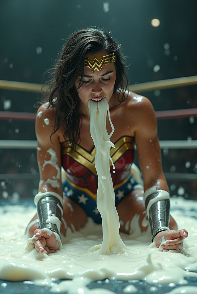 A very Sweaty Wonder Woman is vomiting and sweating in the ring, she spits out lot of visible milk repeatedly. Lot and Lot of milk continously dropping from her mouth to the floor. There is lot of sweat on her muscular body.
