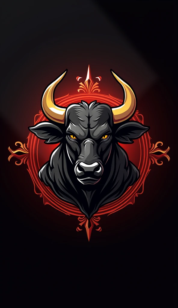 A logo of a black, sturdy bull's head with very sharp horns made of gold in a white gold circle with a red background.