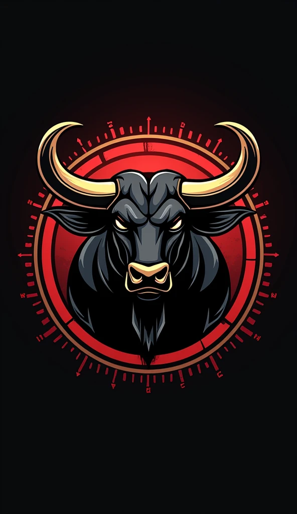 A logo of a black, sturdy bull's head with very sharp horns made of gold in a white gold circle with a red background. 