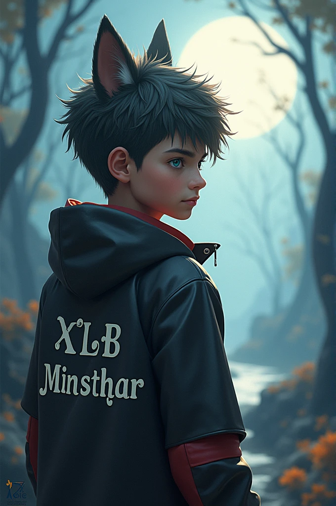 I want the background to have the XP route in the background, and a boy with wolf ears to be wearing a jacket with MLB Minstthar on the back.