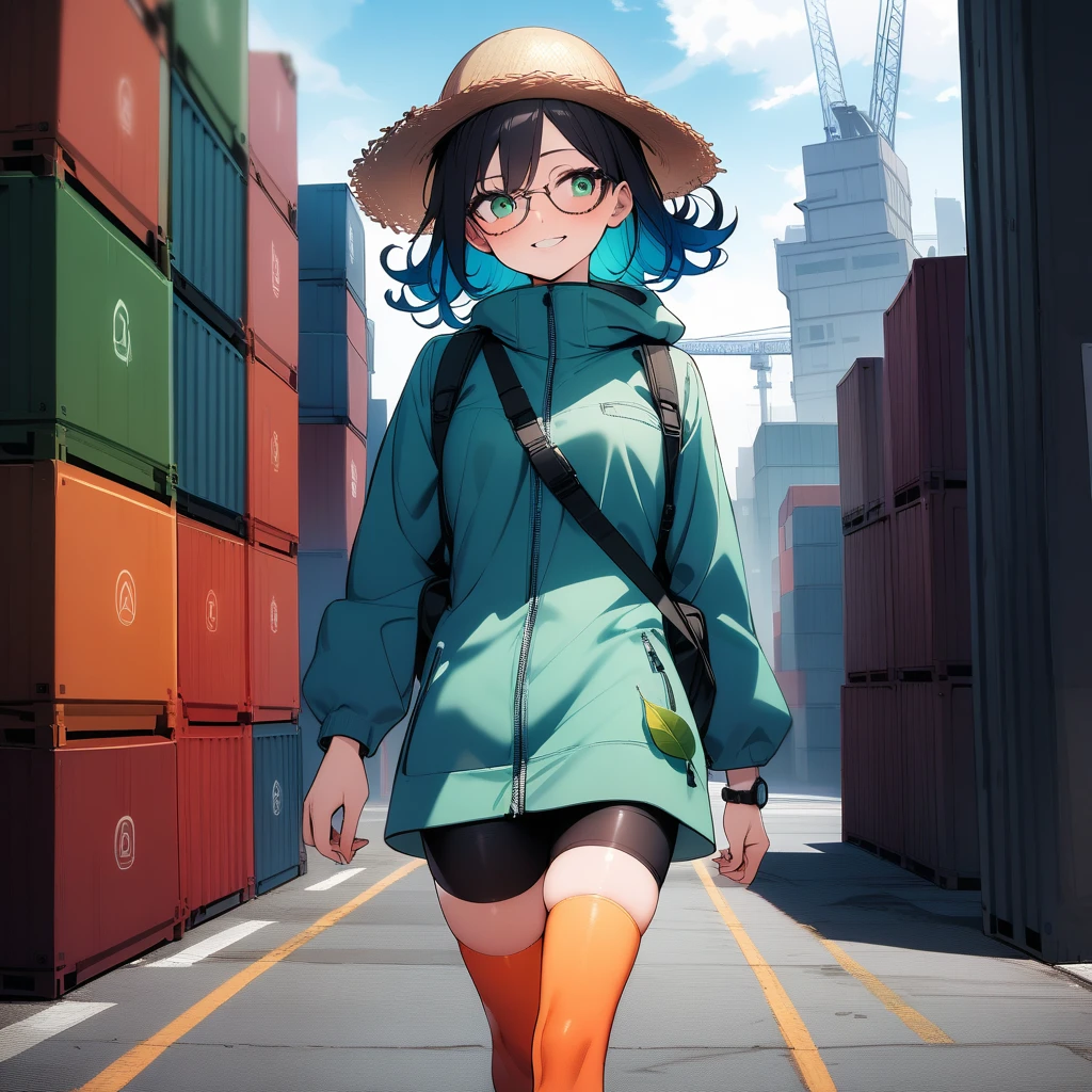 (masterpiece),(best quality),very aesthetic,(ultra-detailed),high saturation,nsfw,1girl,25yo,slender,tall,medium hair,black hair,natural wave hair,flipped hair,dark green eyes,comfortable,smirk,glasses,(straw hat with leaf color ribbon:1.2),carrying a aqua blue rucksack,a GoPro attached to the shoulder strap of a rucksack, (thigh-high parka dress with gradient earth color,black bike shorts),long sleeves,Sneaker Shoes,short orange socks,wristwatch,comfortable,excited,look around restlessly,no entry zone,freight port,concrete ground,Wharf with many containers lined up,gantry crane,Skyscrapers tower in the distance,,walking,summer,cowboy shot,looking away,blue sky
