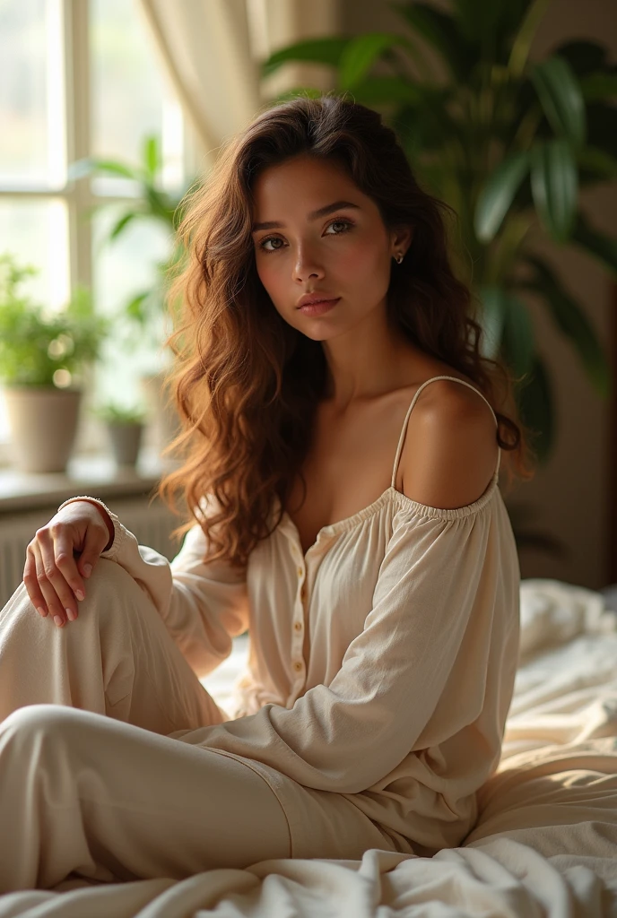 (photorealism:1.2), beautiful woman, sitting on bed, wearing loose off-shoulder top, pajama pants, long curly hair, indoors, soft lighting, plants in background, window with sunlight, cozy room, relaxed pose, realistic, intricate details, warm colors, by Greg Rutkowski, by Alphonse Mucha