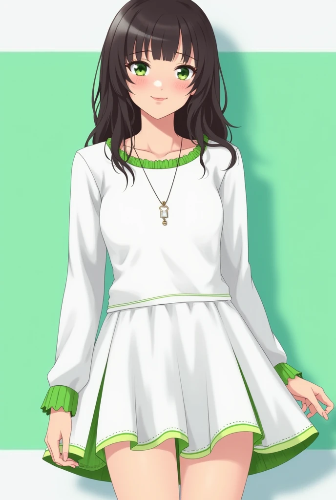 A white mini dress with green linings for age girls
skirt-like bottom
longsleeves top
