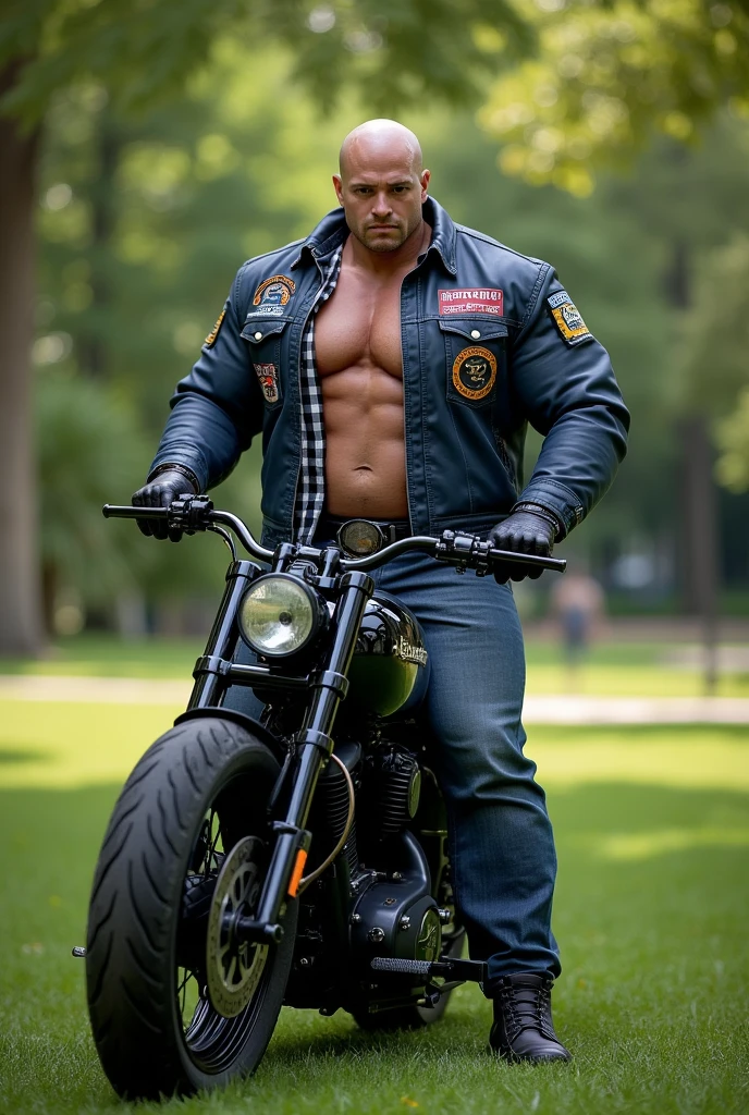 Big body builder white bald men wearing unbuttoned dark white check double pocket shirt and navy blue leather jacket with logos at park on heavy motor bike