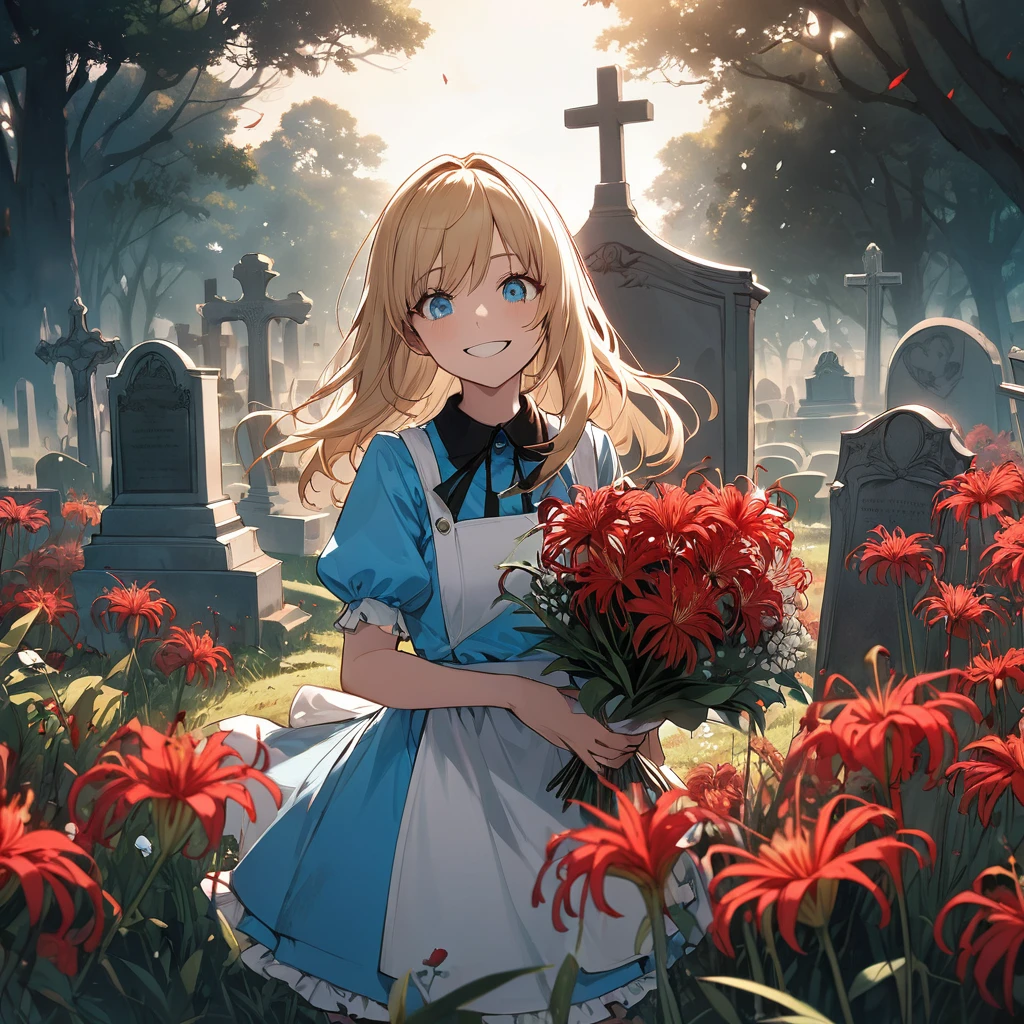 A masterpiece, boldly drawn anime-style illustrations, detailed drawings, humorous and crazy, cinematic lighting, a cemetery, Alice, the heroine of "Alice in Wonderland", visiting a grave, holding a bouquet of red spider lilies in both hands. An invincible smile, even the dead are delighted.
