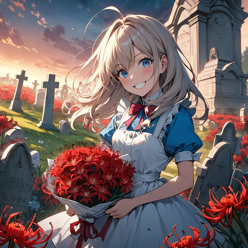 A masterpiece, boldly drawn anime-style illustrations, detailed drawings, humorous and crazy, cinematic lighting, a cemetery, Alice, the heroine of "Alice in Wonderland", visiting a grave, holding a bouquet of red spider lilies in both hands. An invincible smile, even the dead are delighted.