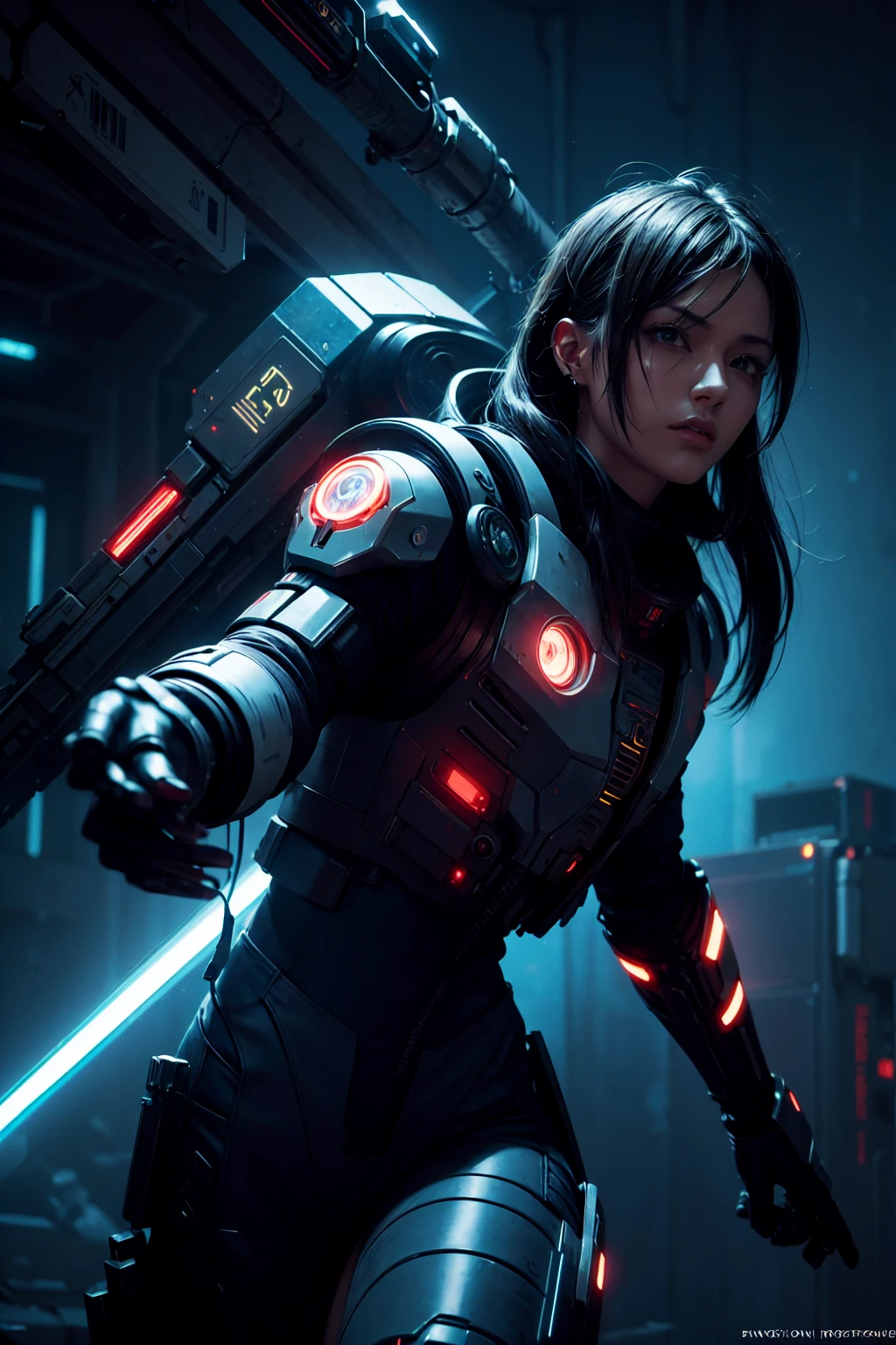 a cyberpunk mercenary in space,highly detailed,realistic,digital art,cinematic lighting,dramatic pose,neon colors,glowing details,intricate mechanical suit,futuristic weapon,moody atmosphere,volumetric lighting,hyper detailed,8k,photorealistic,masterpiece,professional