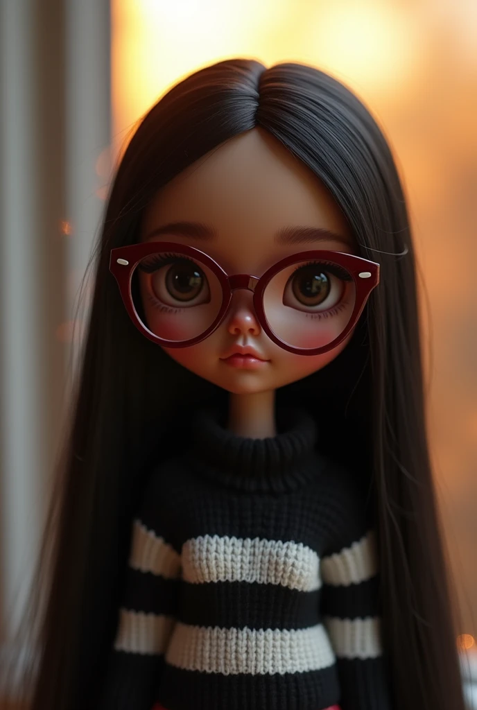 blythe doll, brown skin , straight black hair down to the back, Brown eyes , maroon glasses , black and white striped sweater . no hair on forehead . in the dawn 