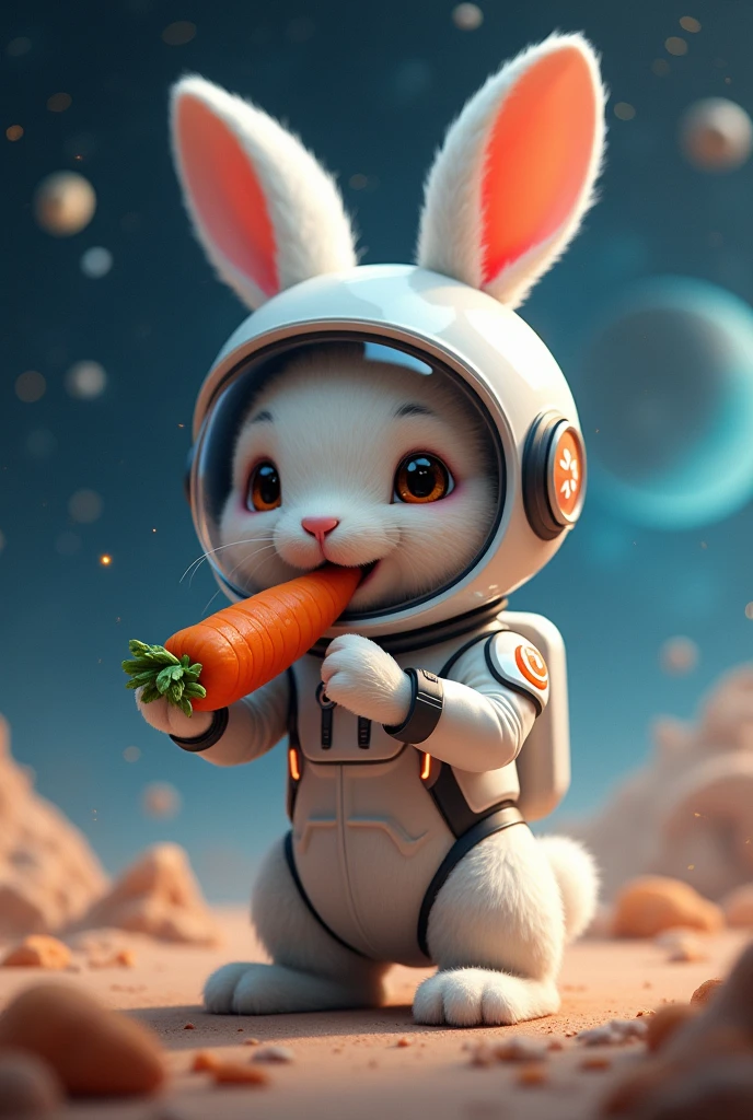 A RABBIT WITH SPACE MASK EATING CARROT
