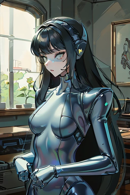 (masterpiece),(Highest quality),(Super detailed),(Best illustrations),(Best Shadow),(Absurd),(Detailed Background),(so beautiful), 16K, 8K, 4K,(Best Shadow),empty eyes,robotization,woman ,big bust,Robot Joint ,Metal skin,Black Suit,long hair,a black suit that covers the whole body,robot hand,cyber bodysuit,metal cat ear,robot