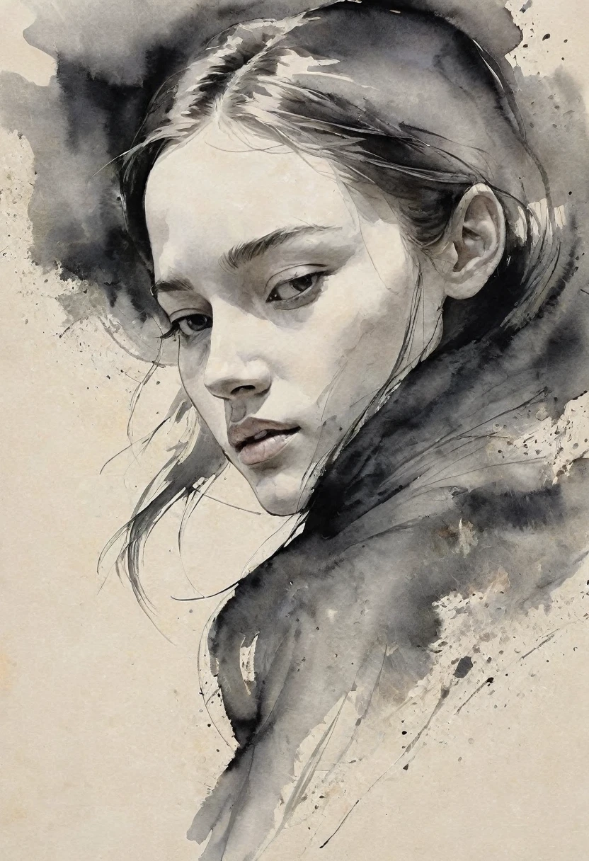 (Highest quality, High resolution, masterpiece:1.2), Very detailed, Realistic:1.37, White ink sketch, Smooth lines, Expressive facial expressions and posture, Minimalist Background, Emphasis on light and shadow and spatial perception, Plenty of negative space, Young girl.Ink portrait,Smooth flowing lines,expressive face,Delicate emotions,Ink contrast,Simple Background,Emphasis on light and shadow,amplitude,Plenty of negative space,Peaceful atmosphere,Serene atmosphere,feels like a dream,Delicate yet fascinating details,Calm colors,Calm and introspective,Graceful posture,Gentle Movement,kind and innocent,A whisper of elegance,Quiet elegance,Shining Sparkle,Sublime Beauty,Vector illustration,Black and White,Natural and organic,Nurturing and calming,Sublime simplicity,Mysterious charm.The background is pitch black