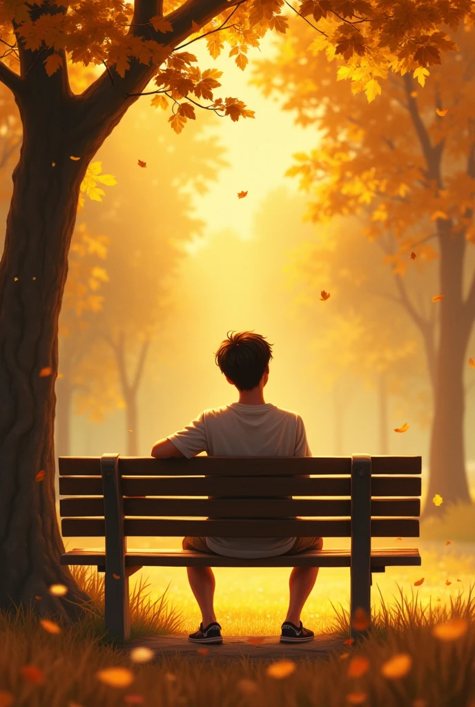 Prompt 2: In a golden-hued park, a young man sits on a bench, looking down at his watch and then gazing toward the entrance of the park. His expression is a mix of excitement and nervousness, as if he’s sure the woman he loves will arrive any moment. The leaves around him are golden and gently falling, adding a sense of magical anticipation to the scene.