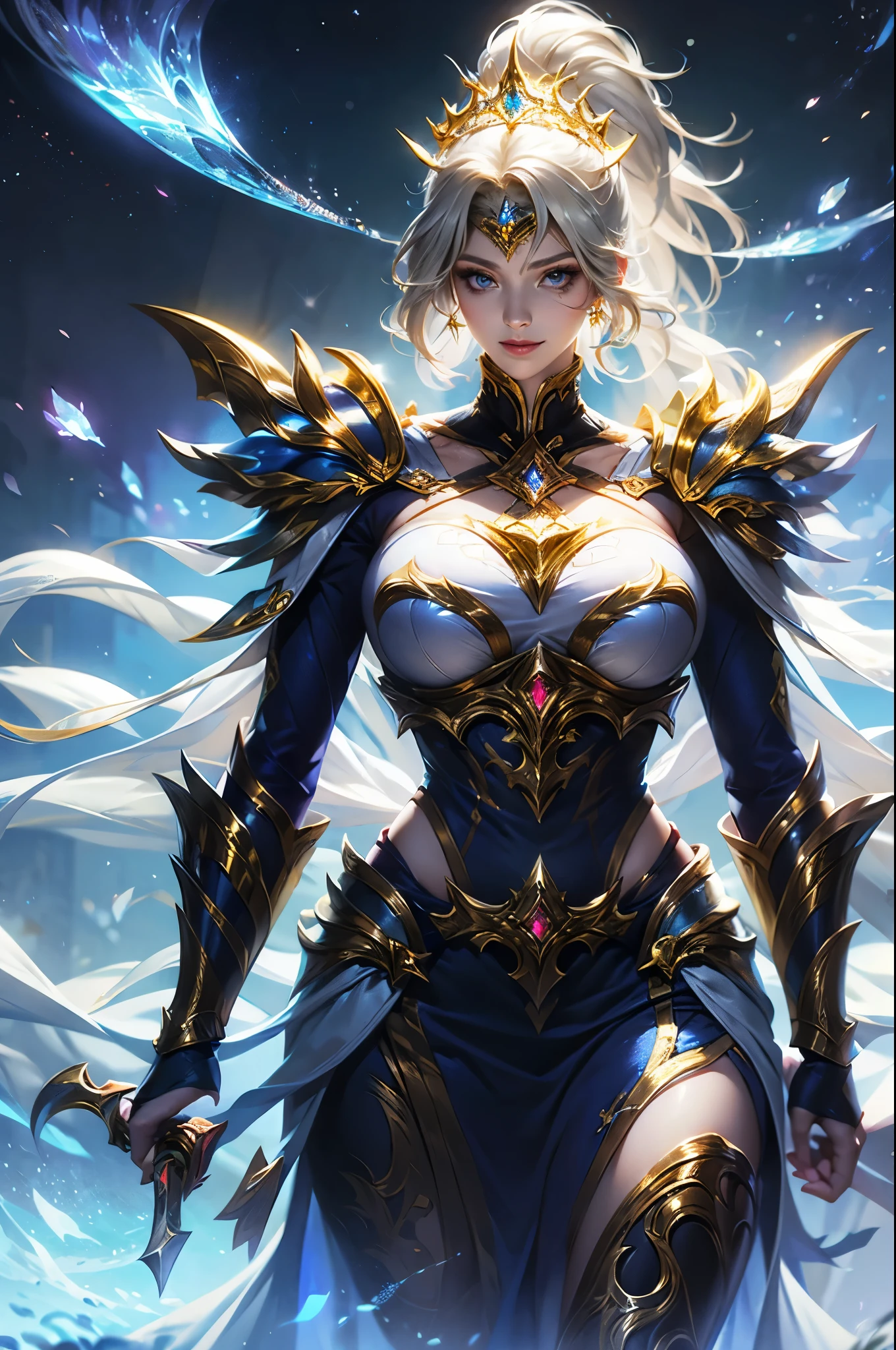 Ultra HD、Ultra-clear、White and beautiful translucent skin、Beautiful and well-proportioned face、Cute smile、Saint Seiya of Libra、Covers the whole body in silver armor、A holy knight in silver armor、Platinum tiara、Silver armor covered in flashy carvings、Heavy silver armor、Beautiful clear blue eyes、Blonde Short-Haired、Big Breasts、Outer space background、ponytail、