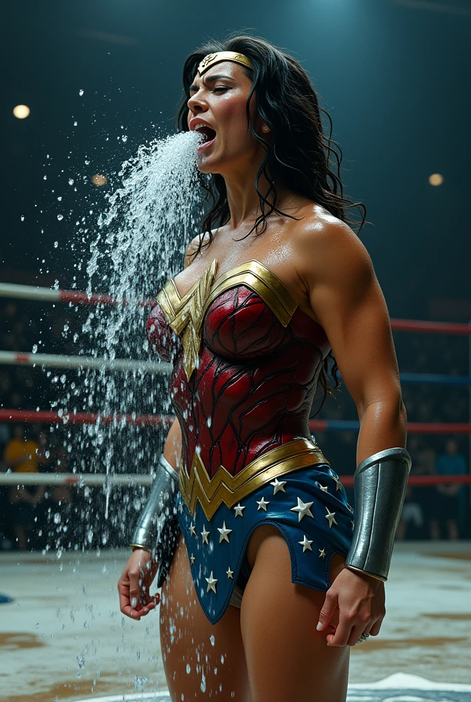 Sweaty Wonder Woman is vomiting in the ring, she spits out lot of visible water repeatedly. Lot and Lot of water continously dropping from her mouth to the floor. There is lot of sweat on her muscular body.