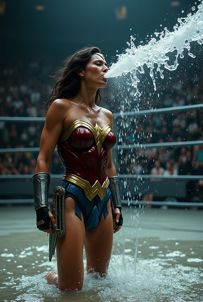 Sweaty Wonder Woman is vomiting in the ring, she spits out lot of visible water repeatedly. Lot and Lot of water continously dropping from her mouth to the floor. There is lot of sweat on her muscular body.