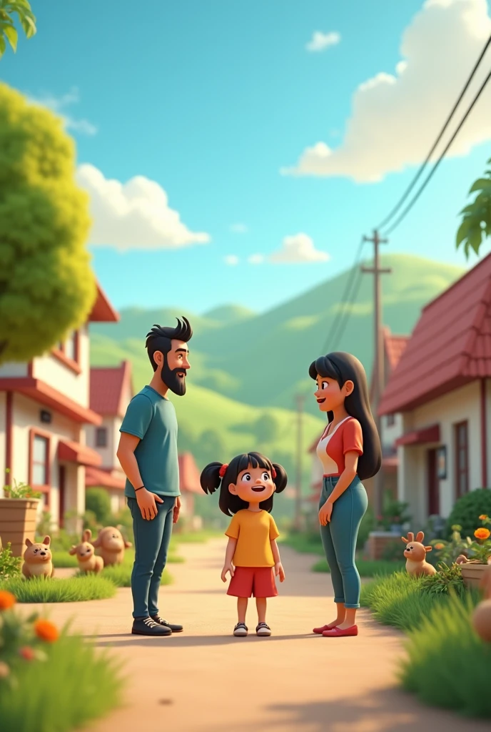 Create 3d cartoon character image Scene 1: Sonia’s Village Life
Prompt: Illustrate a serene village setting with Sonia, a young girl, whose parents are working person going for job talking to each other