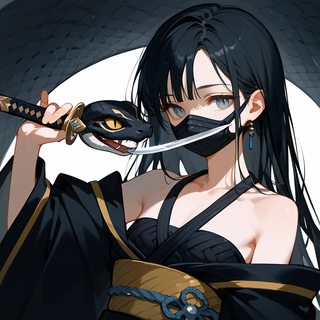 1 girl, Black Hair, iris, Off-the-shoulder kimono, beautiful_face, Black snake motif, Kimono with snake scale pattern, Solo Illustration, Long Hair, Black kimono, Holding a sword, Upper Body, (Put on a mask) Flat Chest
