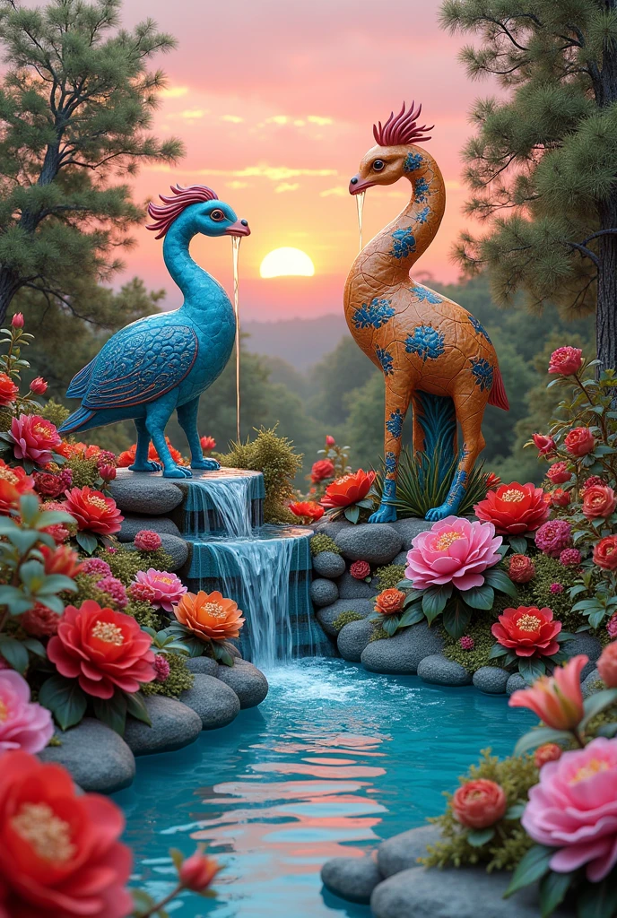 "Jardín de esculturas ceramicss": A surreal garden in which flowers and trees are made of ((ceramics esmaltada. : 1.1)) The vibrant colors of the enamels contrast with a sunset sky, and in the center, A water fountain flows over a structure ((ceramics: 1.5))  intricately detailed