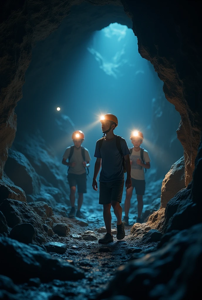 Some students group standing in the cave wearing shorts t-shirt and head with helmet light looking towards the front with flashlight in hands 16.9 size