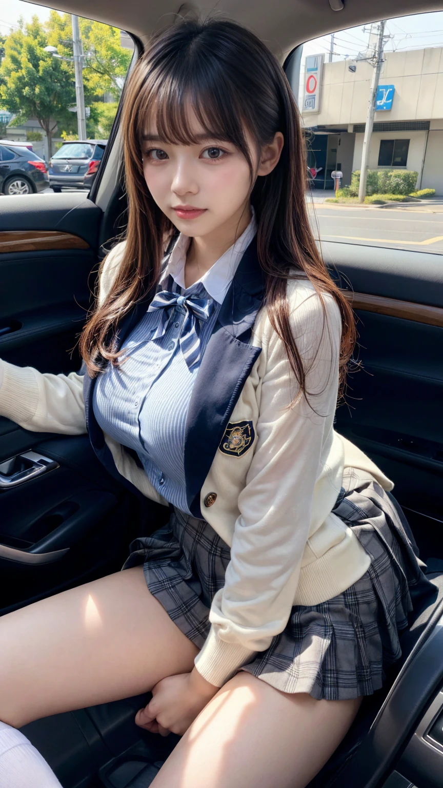 masterpiece, best quality, illustration, Super detailed, fine details, High resolution, 8K,wall paper, perfect dynamic composition,(Details High quality, realistic depiction of eyes:1.3), from side, In the car、High school girl uniform、blazer 、Super Short Check Uniform Skirt、Navy blue high socks、garterbelts、Colossal tits、Disturbed uniform, straight hair, black hair color, huge breasts, Big Natural Color Lip, bold sexy pose, (perfect body shape), crying a little、Harajuku style、20 year old girl、 beautiful legs, hposing Gravure Idol, Voluptuous thighs
