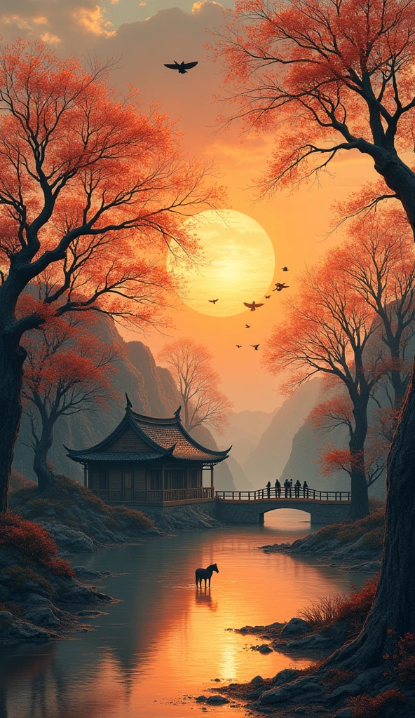 masterpiece, high quality, high resolution,8K, Chinese painting ,, Withered vines, age ((Trees)), dusk ((crow)) Cry,, ((A small bridge)), flowing water, (((Humble residence))), (a horse:1.6),, A cold wind blows from the west ((An ancient road)),, Sunset, I am heartbroken, 8k