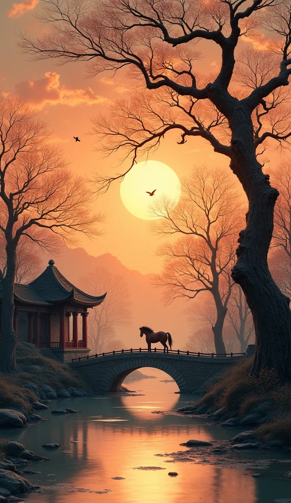masterpiece, high quality, high resolution,8K, Chinese painting ,, Withered vines, age ((Trees)), dusk ((crow)) Cry,, ((A small bridge)), flowing water, (((Humble residence))), (a horse:1.6),, A cold wind blows from the west ((An ancient road)),, Sunset, I am heartbroken, 8k