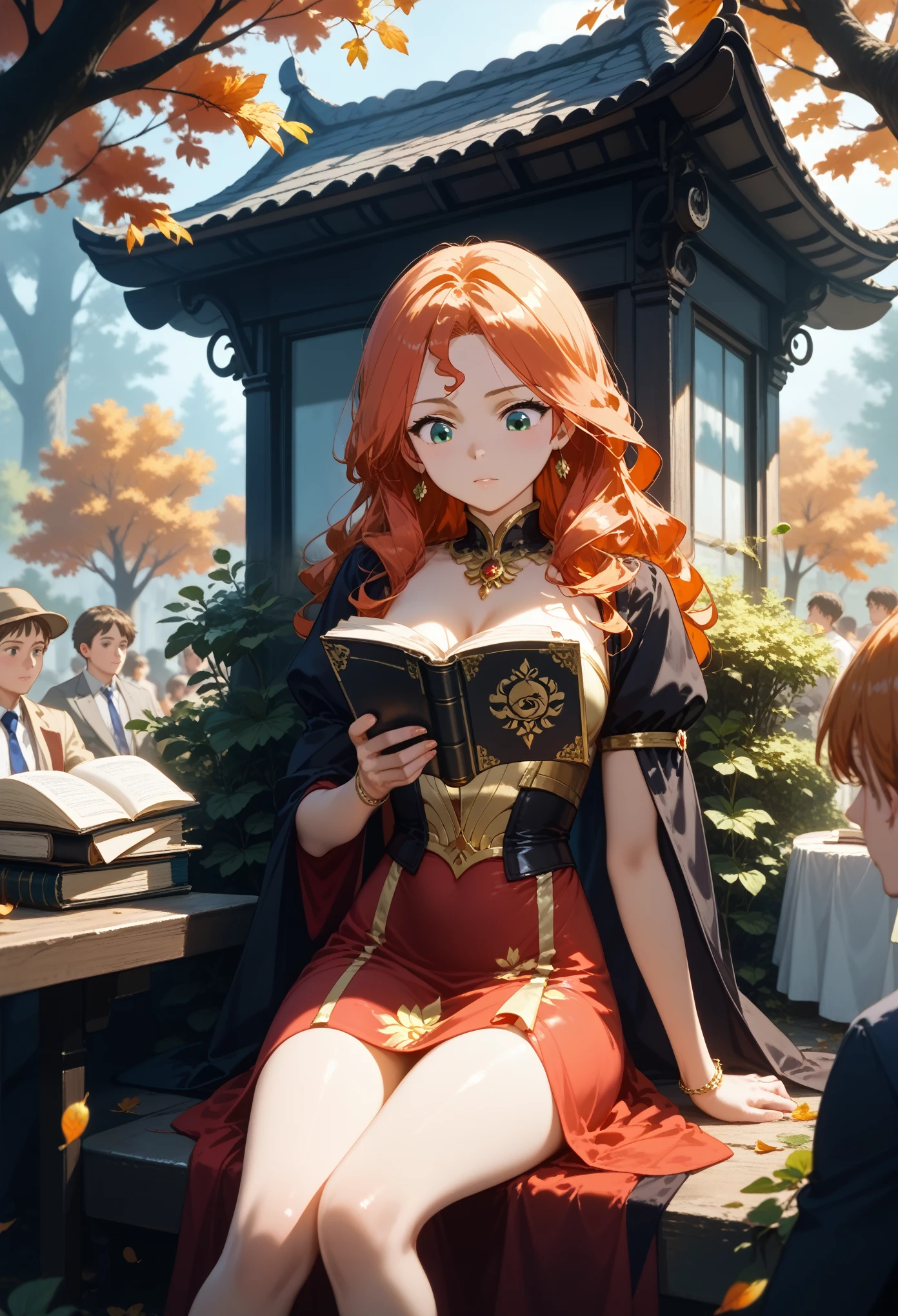 Anime girl, Shine, Beautiful Sexy with Gorgeous Figure in Tight Dress with Fine Fabric Patterns Black and Gold Shimmer on Clothes, Sits on a chair reading a book, holding a book in his hand, A crowd gathered around the girl, Trees are falling Leaves, dynamic shadows, Autumn is very beautiful, The wind blows a little and swirls the leaves, Birds are sitting on the trees, masterpiece, bright colors, Clear drawing of details, score_9,score_8_up,score_7_up,dramatic lighting,highly detailed,high budget,bokeh,cinemascope,moody,epic,gorgeous,film grain,grainy,masterpiece,best quality,perfect anatomy,very aesthetic,official art,8k,BREAK