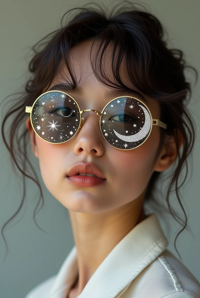 The model is wearing glass sunglasses with stars and the moon on the glass