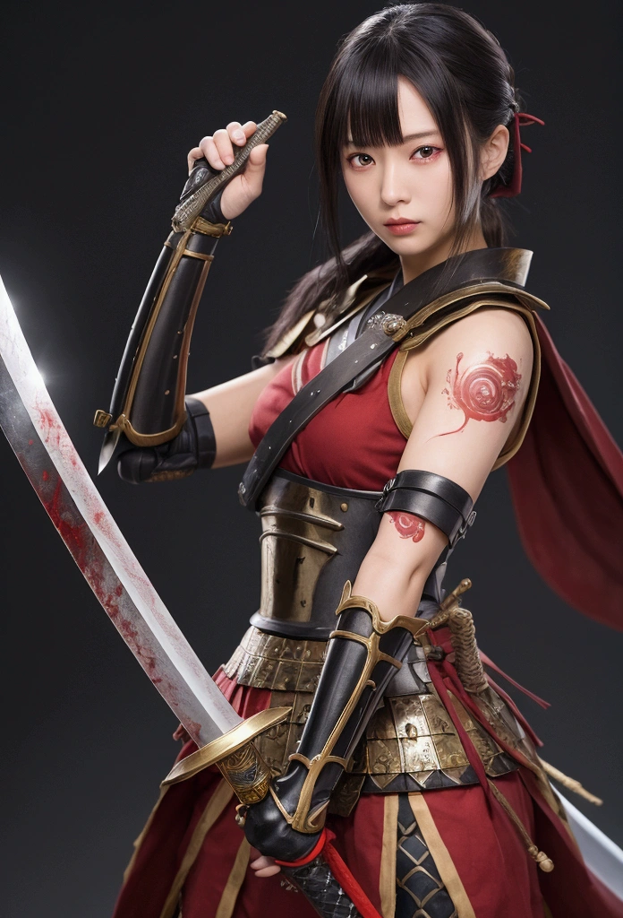 Naotora Ii，Female generals，flashy，Ponytail beauty，Holding a naginata，Wearing stylish red armor，Wearing a red skirt，Crouching，Panty shot，One leg raised，Wearing leg armor，Wearing two belts around his waist