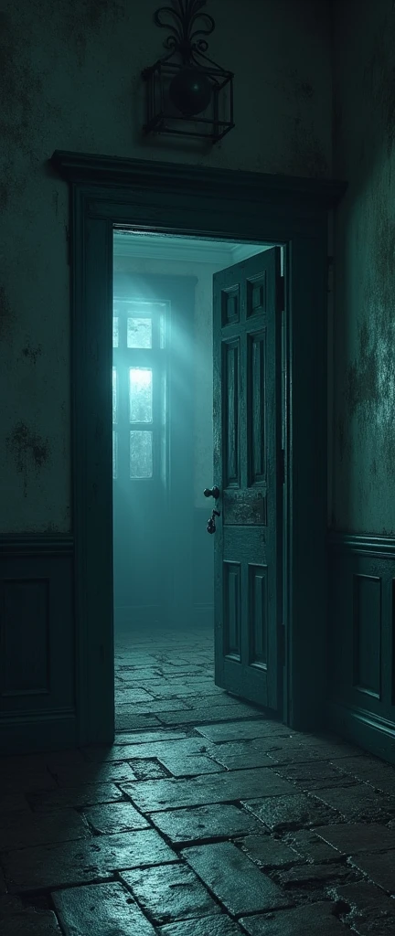 Show the main door of the mansion slightly ajar, revealing a dim, cold interior. The door should be old and weathered, with peeling paint. A faint, ghostly light should emanate from within, hinting at something mysterious inside. The surrounding area should be dark and shadowy.