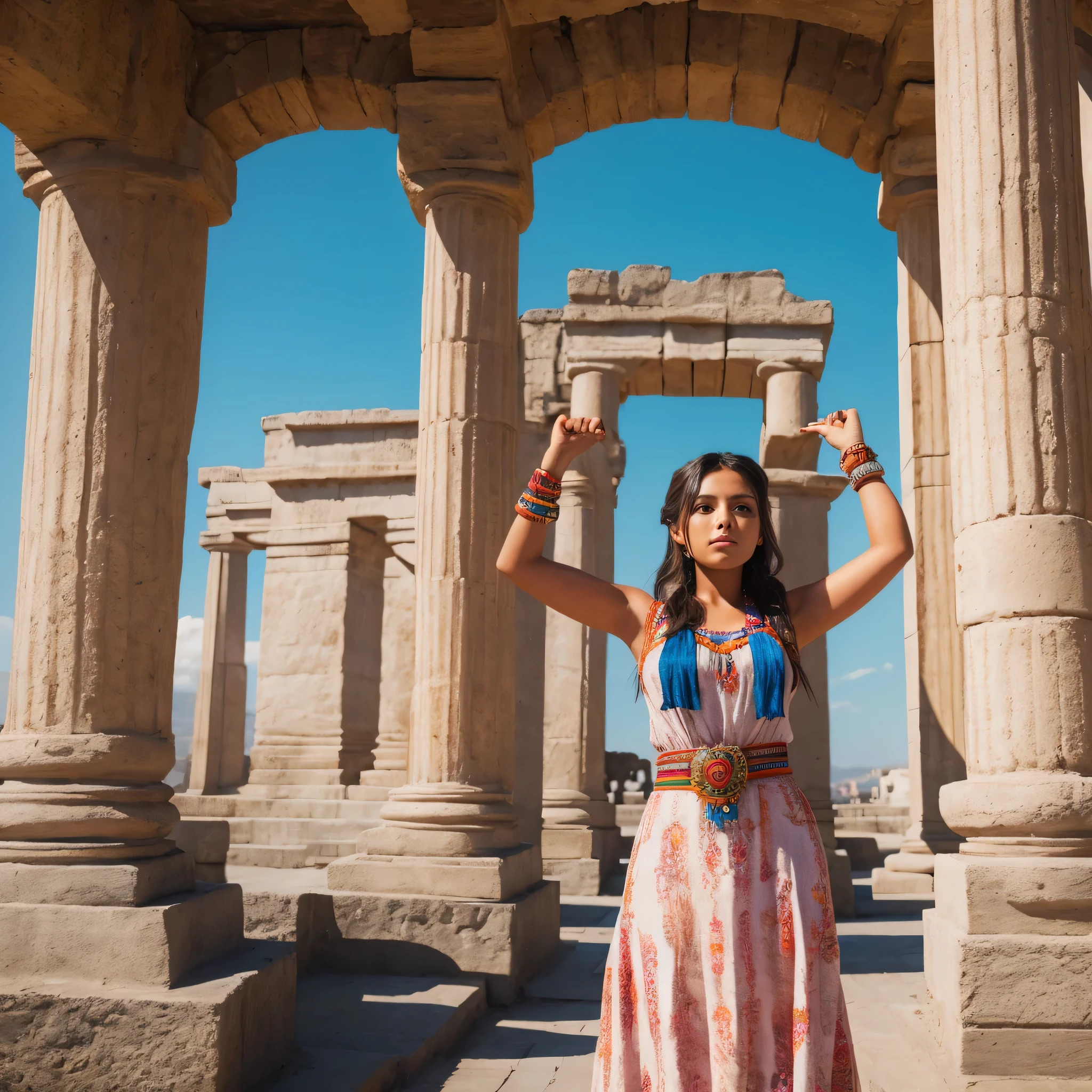 A beautiful girl with her arms tied to two pillars　Sacrifice　Aztec civilization　altar