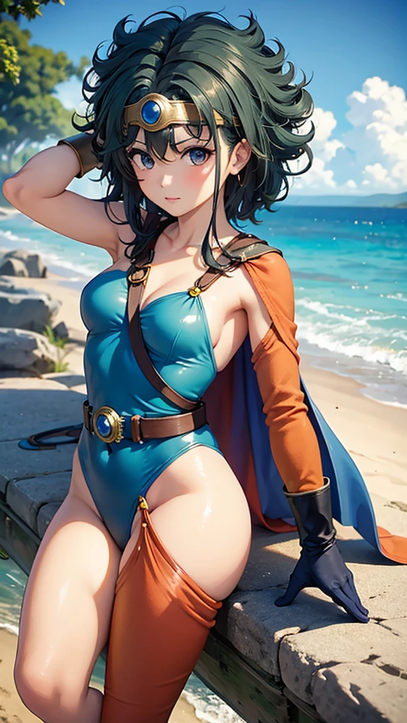 (((SFW、sound、Highest quality、Top notch work、Normal body、、Detailed face、Ultra-precision、Normal hand、Normal refer、5refer、Highest)))、beautiful girl、Black Hair、yamato nadeshiko、Small breasts、Shortcuts、Blue leotard、Shoulder Off、Red Cape、Circlet、Dragon Quest、Playing in the water at the beach