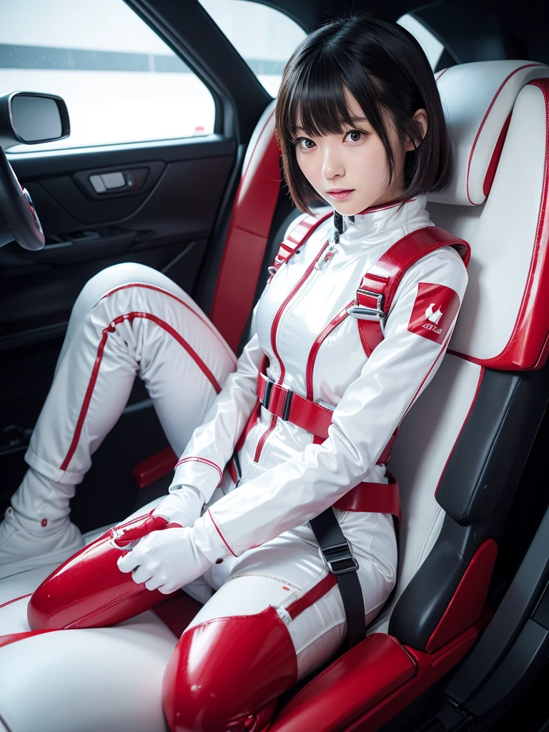 Japanese female android,White and red shiny robot suit,Wide-legged squats,Black Hair,Space capsule,I was completely strapped to my seat in the cockpit with a thick harness and couldn't move.,