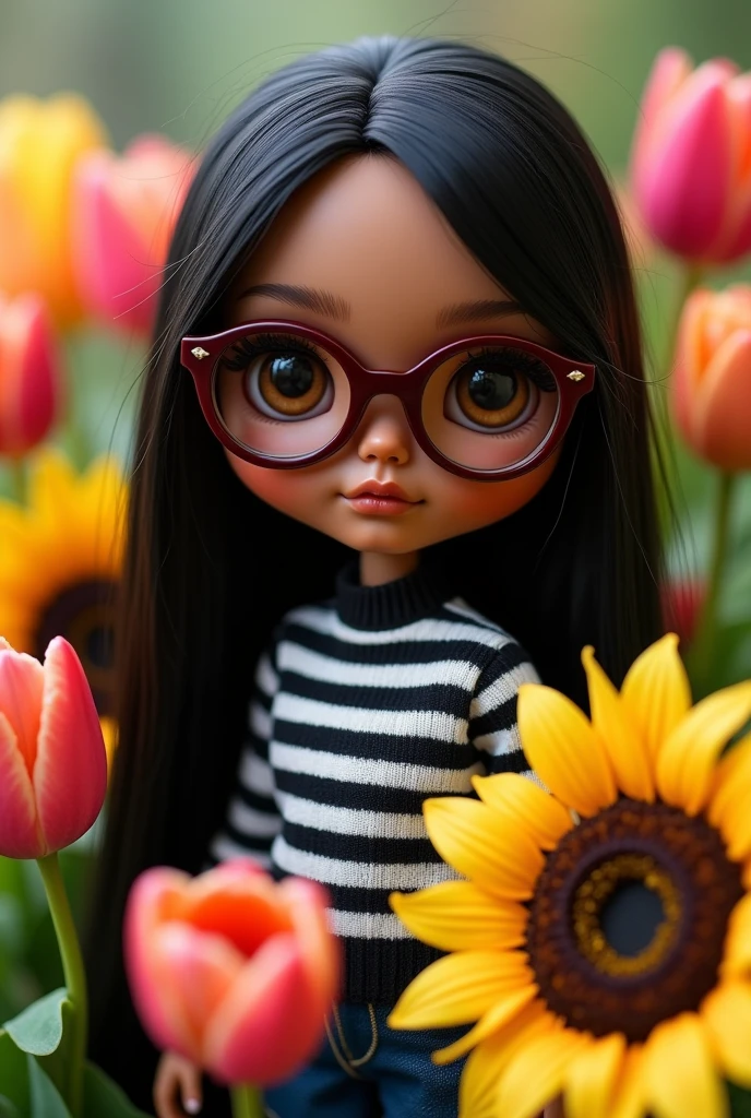 blythe doll, brown skin , straight black hair down to the back, Brown eyes , maroon glasses , black and white striped sweater . no hair on forehead . With tulips and sunflowers