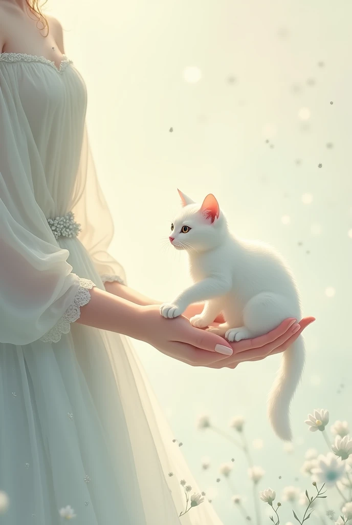 Imagine a white cat leave a lady hand only see hands anime