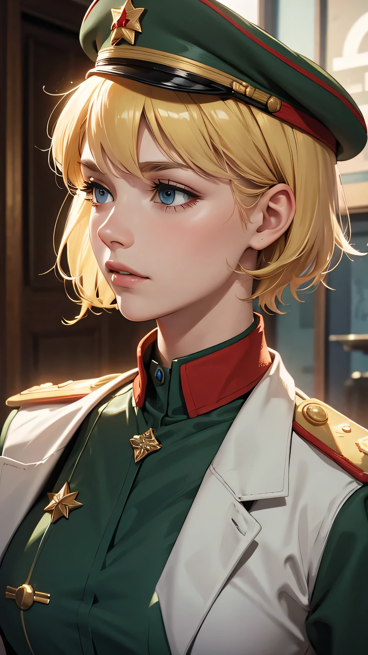 1girl, solo, short hair, blond hair,sovirt military uniform, soviet garrison cap