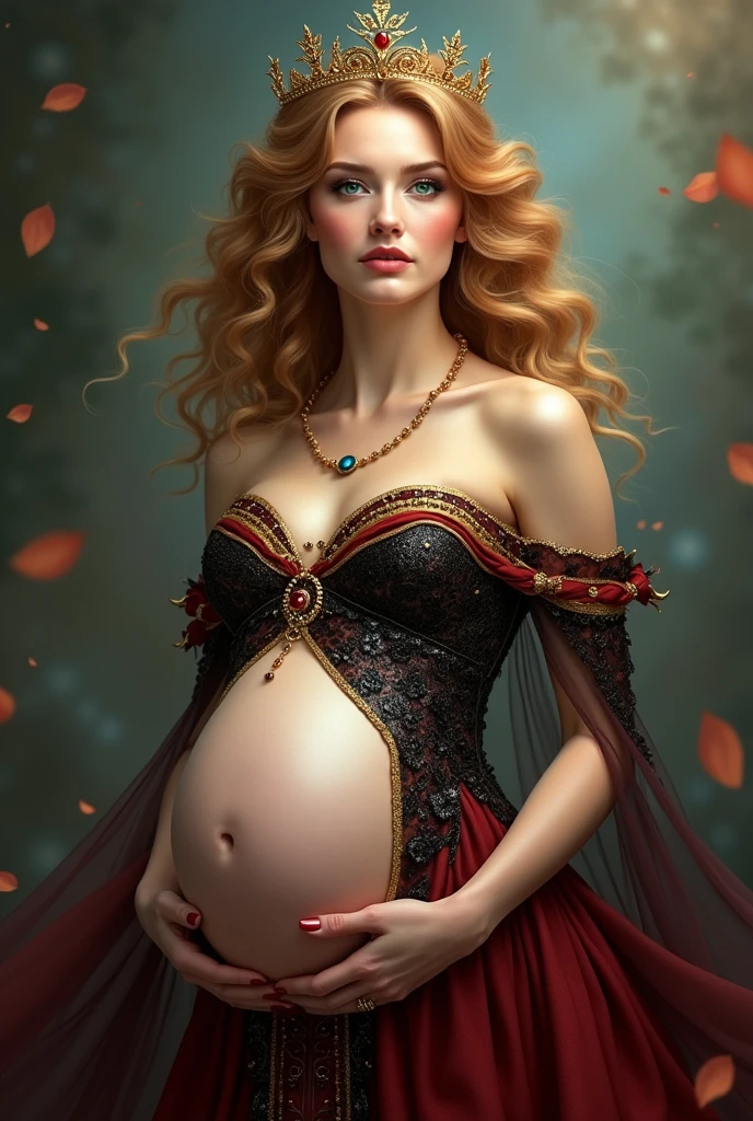  girl with mismatched eyes one emerald, one sapphire blue, with curly yellow hair and a 2  streaks of copper. Wearing a tiara, and a gown of red, black, and gold. Pregnant, wearing a crown