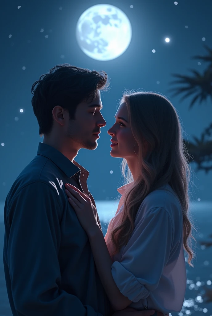 Create a image'

Male and female meeting but the female showing for romance with him the background is moonlight stars
