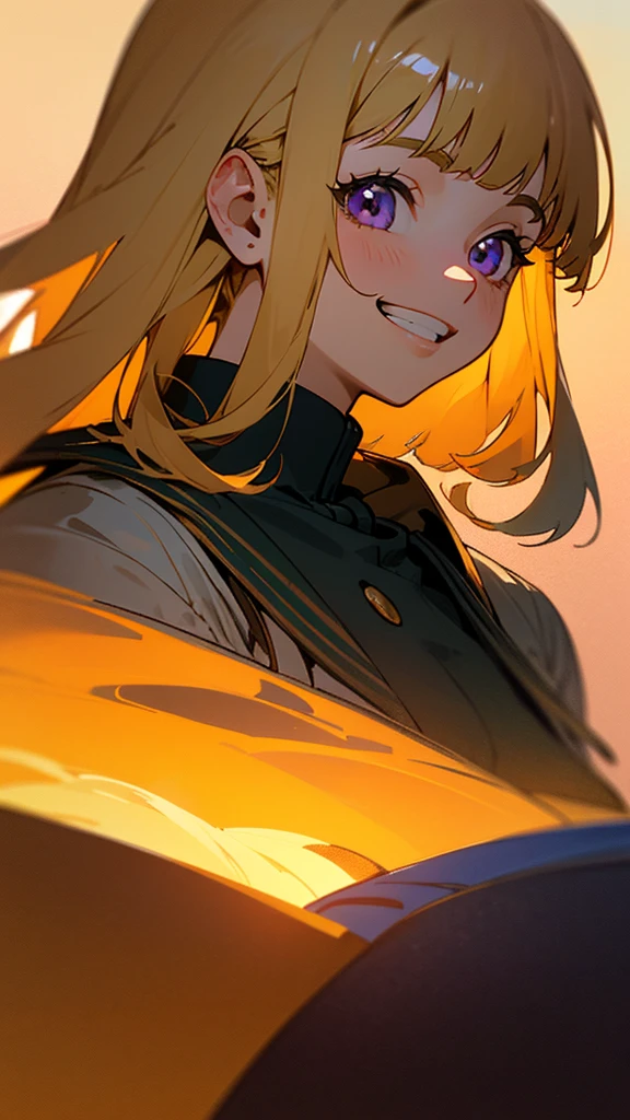 1 girl、alone、impression、(Oil)、Green and orange tones、blonde、Blunt bangs、Straight hair、Purple eyes、one piece、Long sleeve、Grin、From the side、Upper body close-up、Golden hour sky、Near the lighthouse