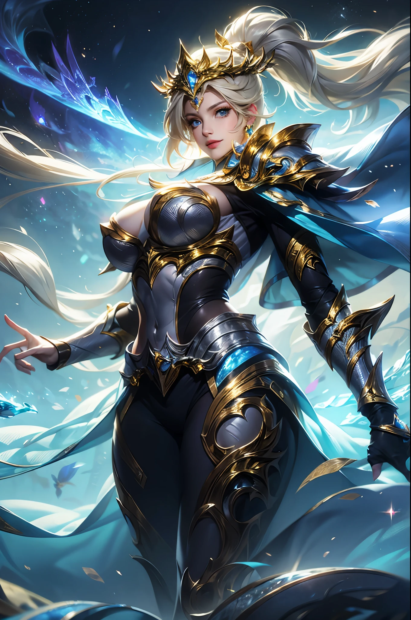 Ultra HD、Ultra-clear、White and beautiful translucent skin、Beautiful and well-proportioned face、Cute smile、Saint Seiya of Libra、Covers the whole body in silver armor、A holy knight in silver armor、Platinum tiara、Silver armor covered in flashy carvings、Heavy silver armor、Beautiful clear blue eyes、Blonde Short-Haired、Big Breasts、Outer space background、ponytail、