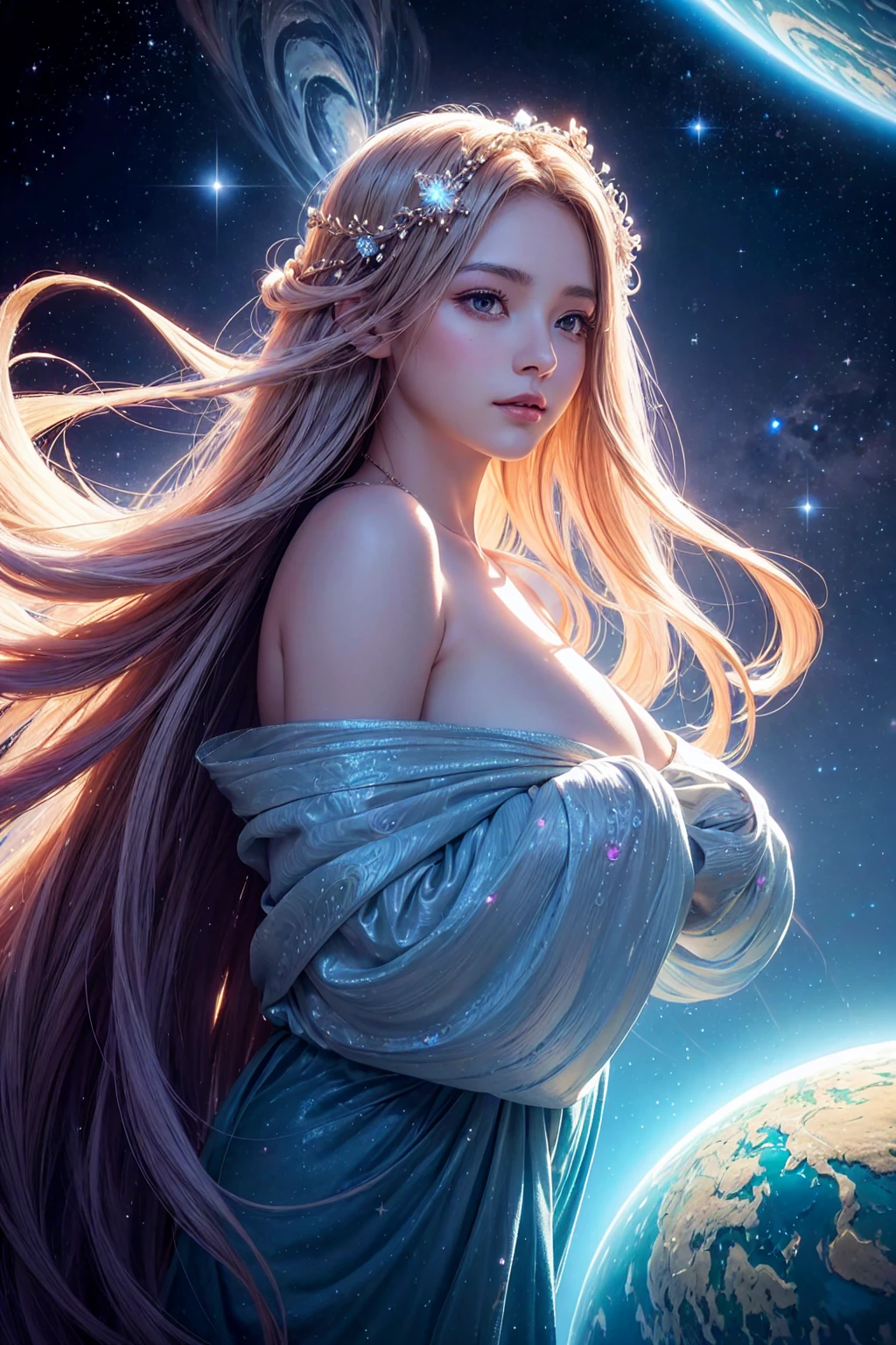 a close-up shot of an ethereal star woman with eyes body and face glowing like galaxies, surrounded by swirling, vibrant cosmic colors, vibrant star planet, ultra-detailed and photorealistic rendering, soft ambient lighting, starry nebulae in the background, dynamic and radiant color gradients, glowing reflections, cinematic composition, surreal and otherworldly atmosphere, intricate facial features, flowing hair infused with cosmic energy, luminous and ethereal, celestial radiance, soft yet detailed textures, otherworldly beauty looking up, fingers to cheeks,