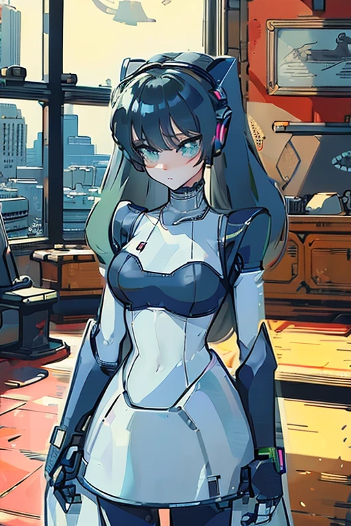 (masterpiece),(Highest quality),(Super detailed),(Best illustrations),(Best Shadow),(Absurd),(Detailed Background),(so beautiful), 16K, 8K, 4K,(Best Shadow),empty eyes,robotization,woman ,big bust,Robot Joint ,Metal skin,Black Suit,long hair,a black suit that covers the whole body,robot hand,cyber bodysuit,metal cat ear,robot miku