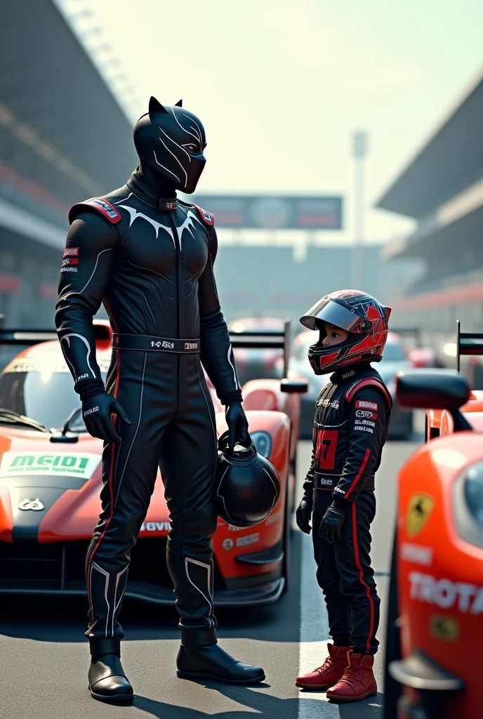 Black Panther as a racing car driver next to his car with a driver costume and helmet in hand and near to his son as a racing car driver next to his car with a driver costume and helmet.