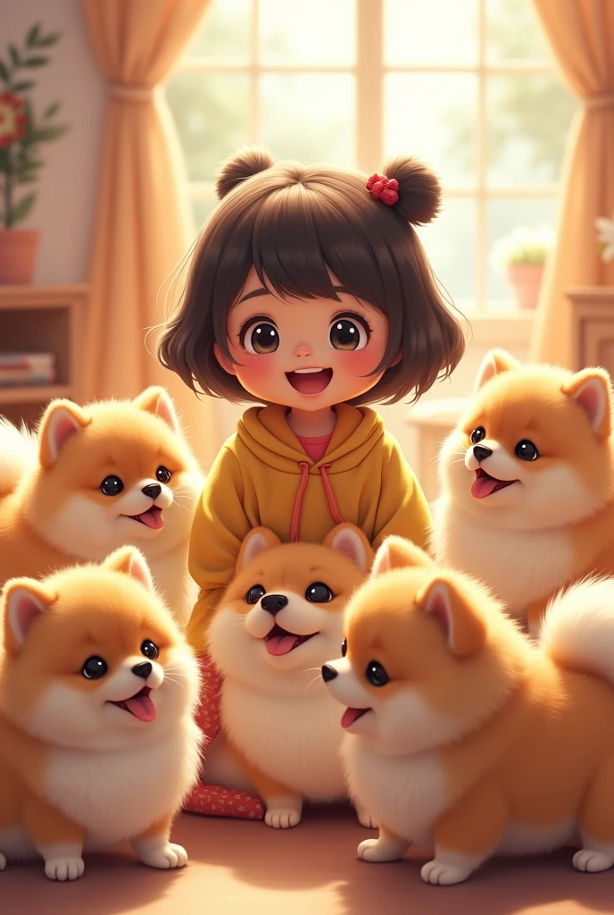 A lively and cute short-haired girl playing with many Pomeranians