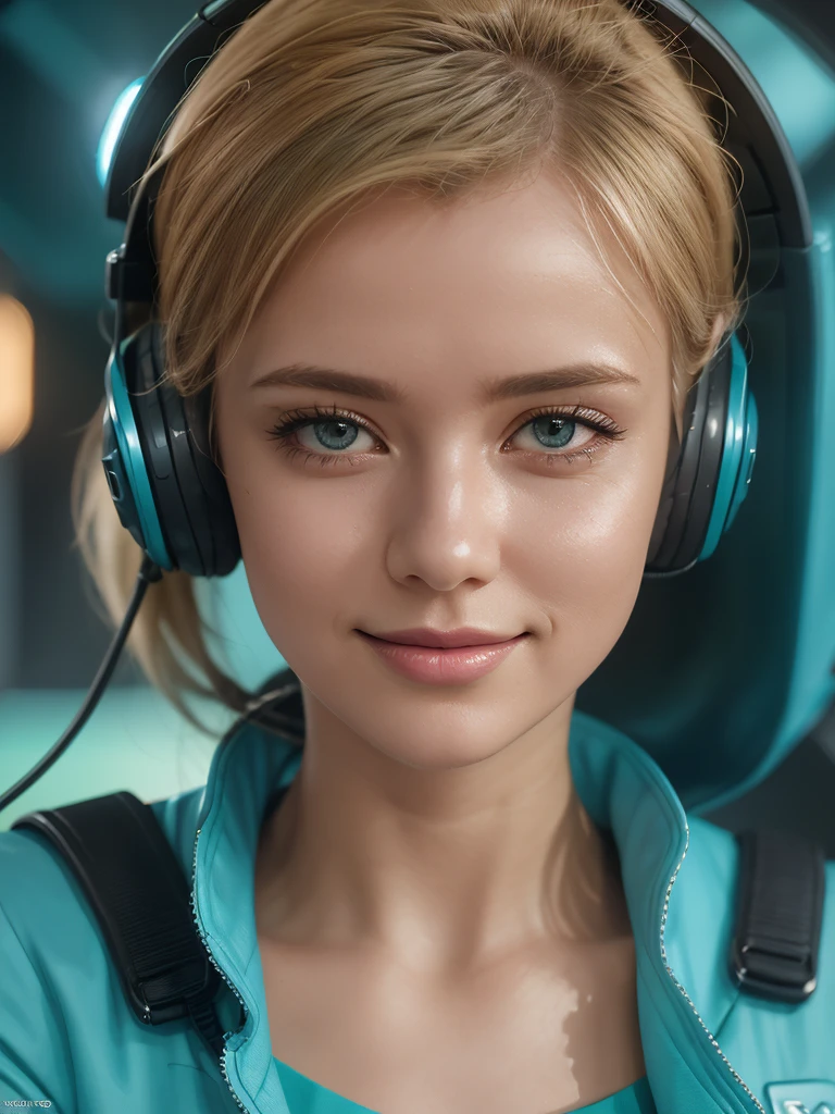 ultra-detailed, realistic, 4k, masterpiece:1.2, highres, vivid colors, bokeh, professional, HDR, sharp focus, studio lighting, ultra-fine painting, physically-based rendering, full lips, pronounced feminine feature, busty, woman, deep red lips, Blonde short hair styled,
(authentic:1,1) (shy:0,9) (smiling:0,4) women wearing head phones ( (teal pleated) full circle skirt) white blouse and grey stylish jacket (low heeled office shoes), very intricate hyper-detailed symmetric (attractive graceful feminine faces) with (sad, tired eyes and shy smiles), large breasts, full of empathy and compassion and love, (pronounced (feminine) features), (highly detailed ultra accurate realistic) hands and fingers, epic composition, highly detailed attributes, highly detailed space station background, extremely high quality RAW photograph,, sci-fi , high-angle shot, cinematic shot, dynamic lighting, 75mm, Technicolor, Panavision, cinemascope, sharp focus, fine details, 8k, HDR, realism, realistic, key visual, film still, superb cinematic color grading, depth of field