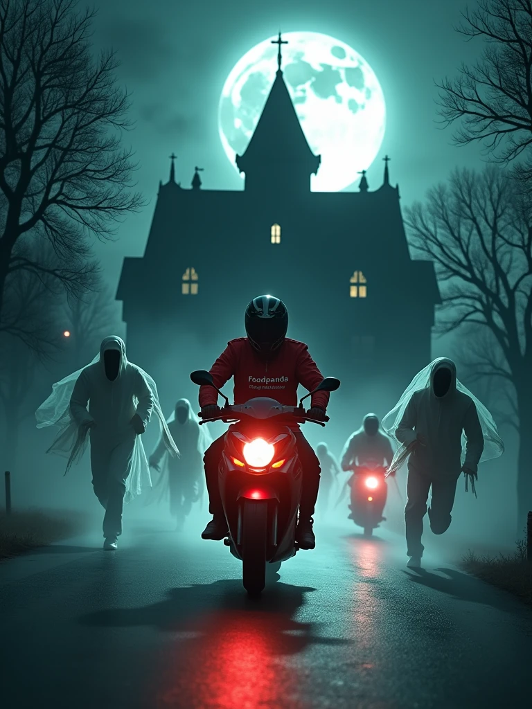 A man in a Foodpanda uniform speeds away from a haunted mansion on his Foodpanda delivery motorcycle, with ghostly apparitions chasing after him. The full moon illuminates the scene, and the Foodpanda logo stands out on his jacket as he makes his escape