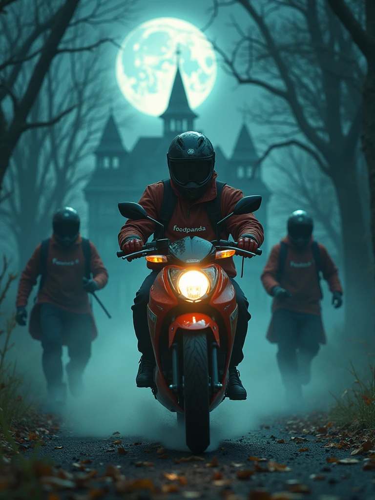 A man in a Foodpanda uniform speeds away from a haunted mansion on his Foodpanda delivery motorcycle, with ghostly apparitions chasing after him. The full moon illuminates the scene, and the Foodpanda logo stands out on his jacket as he makes his escape